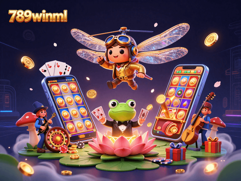 Immerse in a vibrant gaming scene featuring 789winml with a dragonfly pilot and froggy dealer in action.