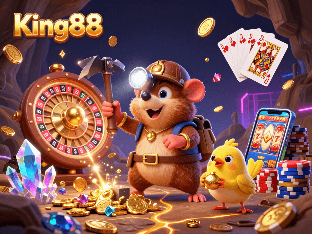 Engage with King88's vibrant casino experience featuring immersive 3D illustration of treasure hunter mole and thrilling gaming elements.
