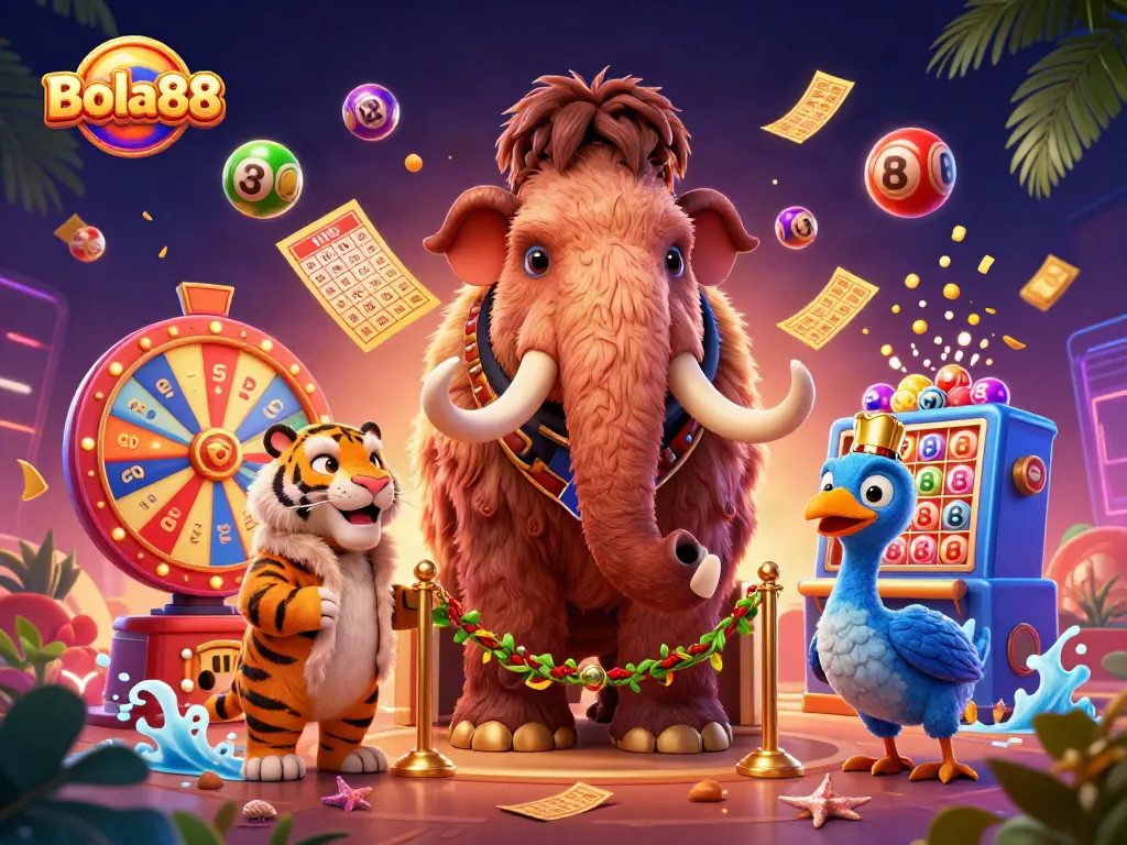 Bola88 spinning lottery balls and vibrant prizes at a lively casino scene with unique characters.