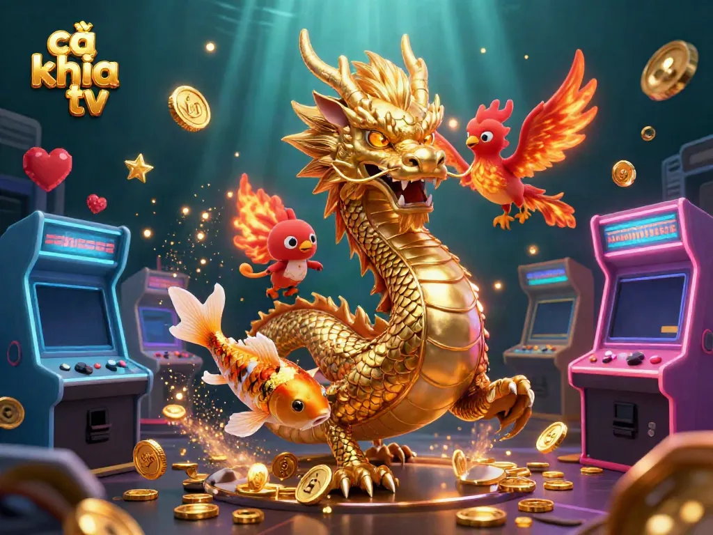 Experience thrilling moments with cà khịa tv as a golden dragon, phoenix, and koi fish celebrate casino wins.