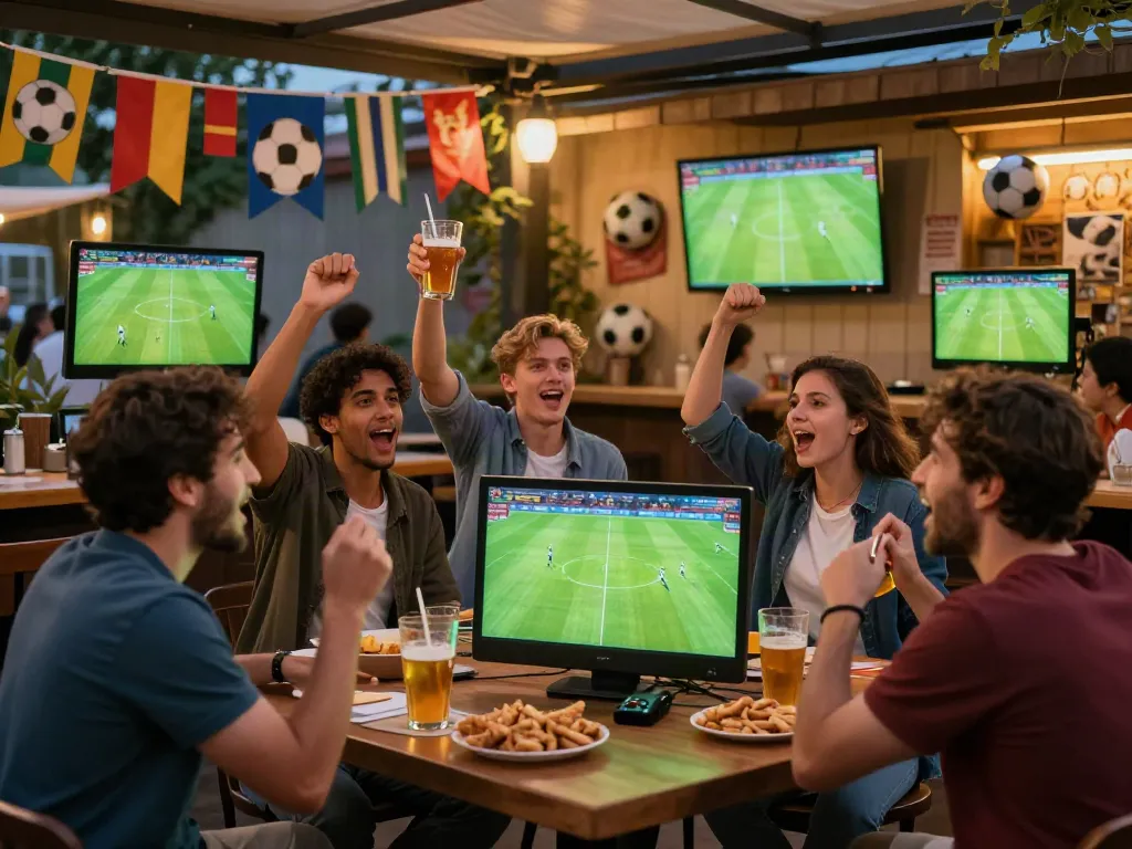 Football fans enjoying cà khịa tv, celebrating a match at a lively sports bar.