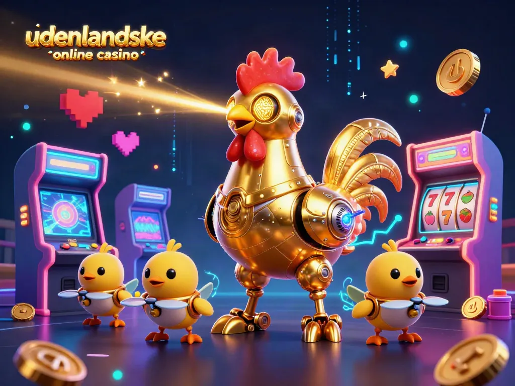 Engage with udenlandske online casino visuals featuring a golden rooster robot and arcade elements.