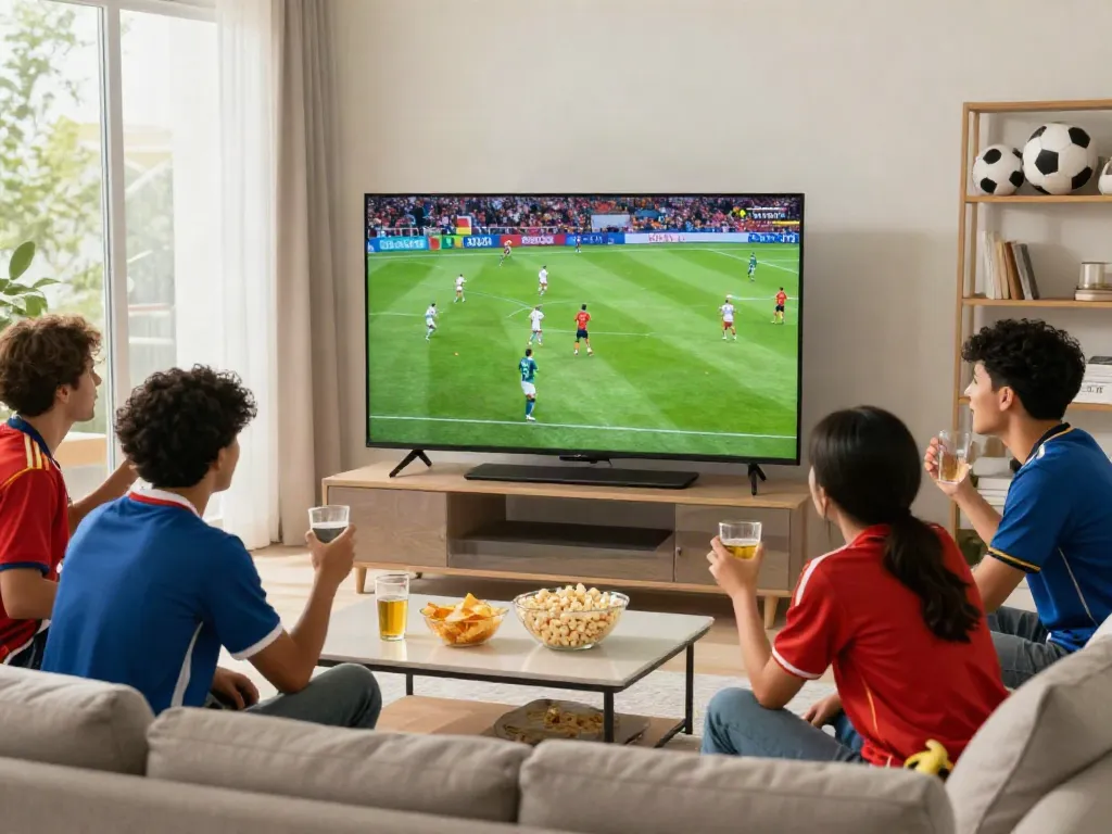 Friends enjoying the thrill of watching gà vàng tv live in a vibrant living room with snacks and jerseys.