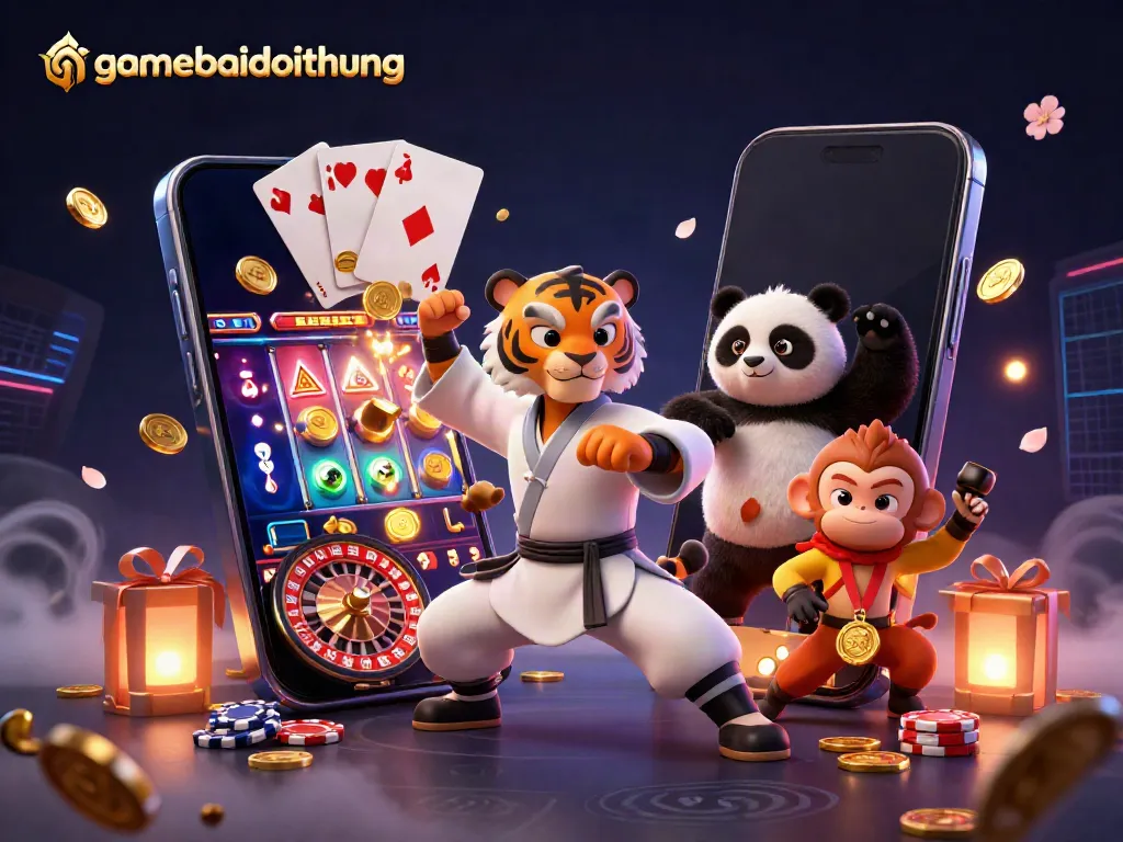 Experience winning moments with gamebaidoithuong in this lively 3D casino scene showcasing colorful slot games and engaging characters.