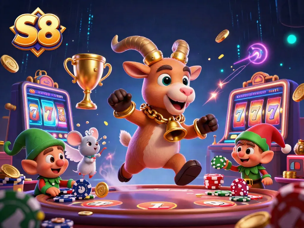 Experience S8's thrilling gameplay with a festive Krampus goat, mouse, and elf gremlins in a dynamic casino scene.