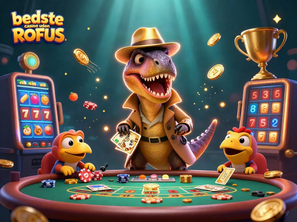 Bet on the best casino uden ROFUS with a velociraptor card counter at a blackjack table, excitement in the air.
