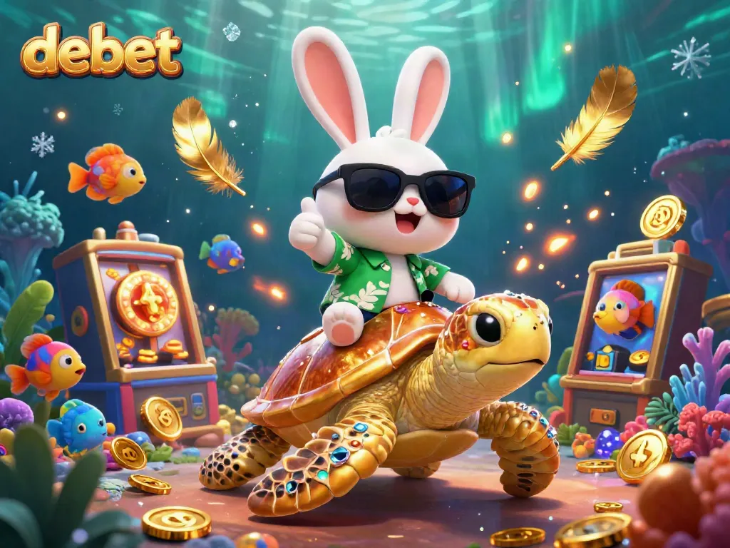 Experience the excitement at Debet casino with a lucky rabbit and a golden turtle in an underwater scene.