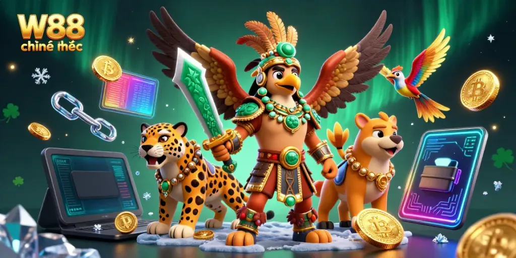 Experience thrilling gameplay with W88 chính thức in this vibrant casino scene featuring Aztec warriors and crypto elements.