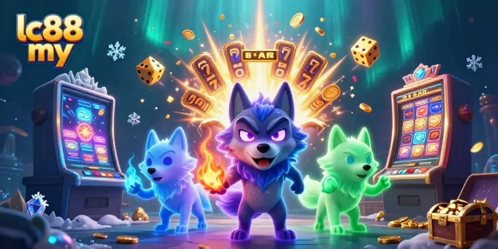 Engage with thrilling slots at lc88 my with glowing wolves and a jackpot explosion illustration.