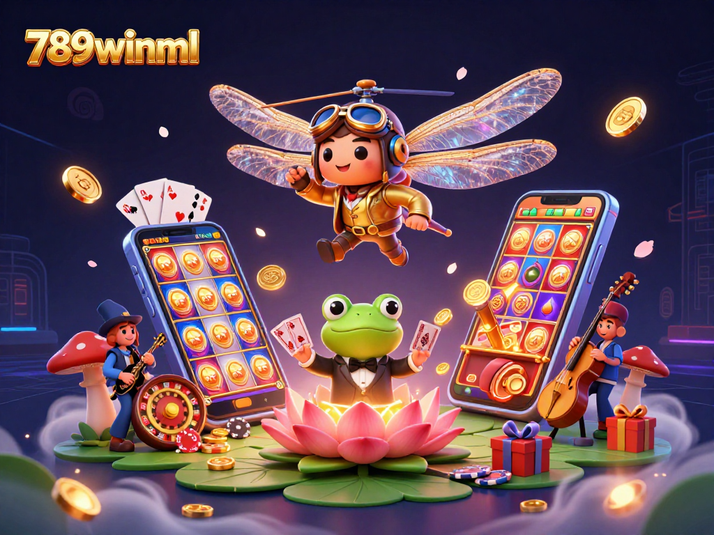 Immerse in a vibrant gaming scene featuring 789winml with a dragonfly pilot and froggy dealer in action.