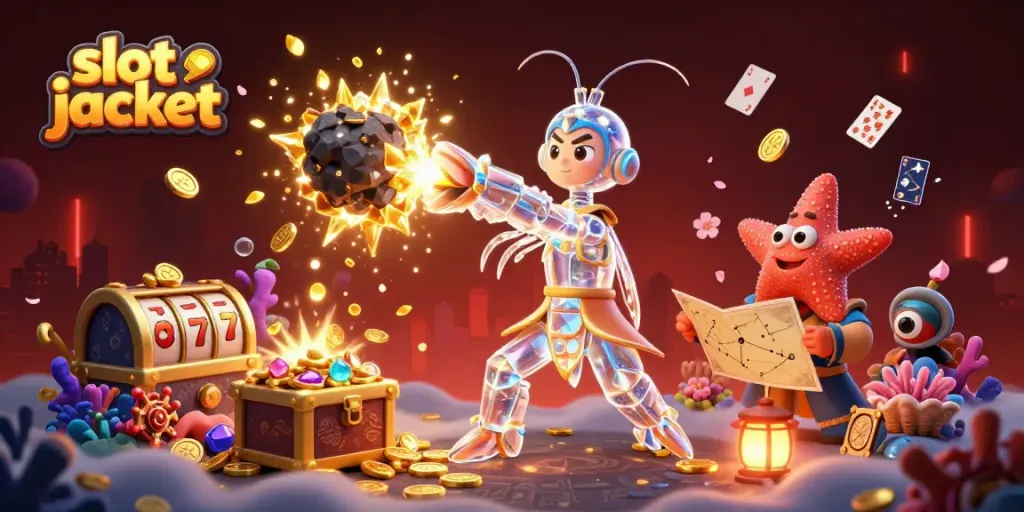 Experience the thrill of slot jackpots with vibrant 3D characters exploding into gems and coins.