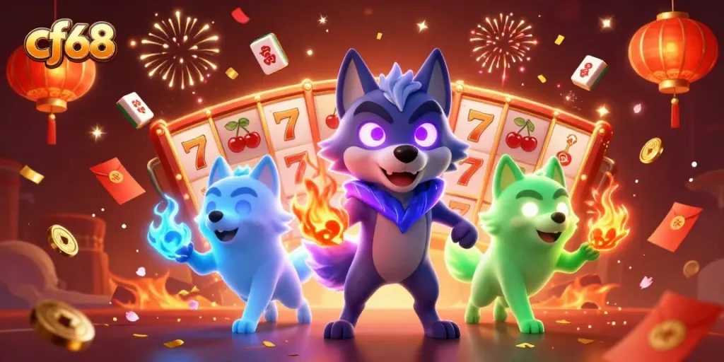 Experience thrilling gameplay with cf68, featuring a dynamic casino scene with slot reels and ghostly wolves.