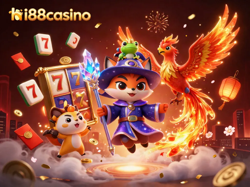 Win big with the enchanting hi88casino wizard fox amidst a vibrant casino scene