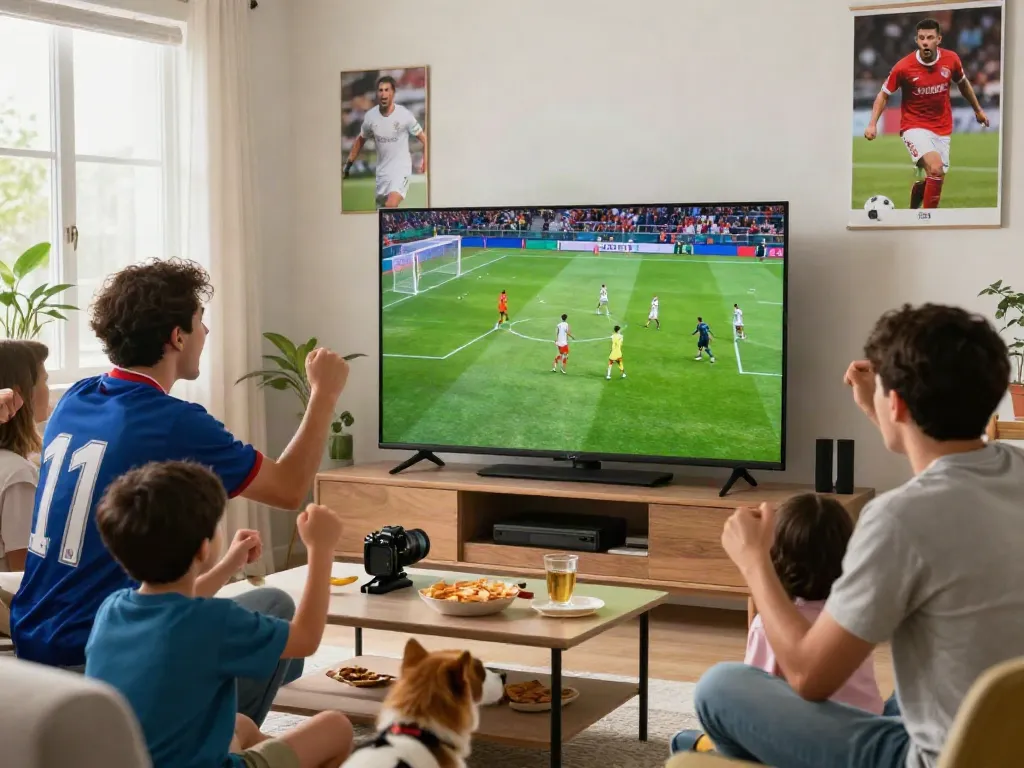 Soccer fan enjoying cà khại tv live match with friends and snacks
