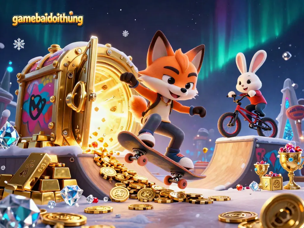 Watch the gamebaidoithuong fox skateboarder and rabbit BMX rider celebrate with gold coins and casino symbols.