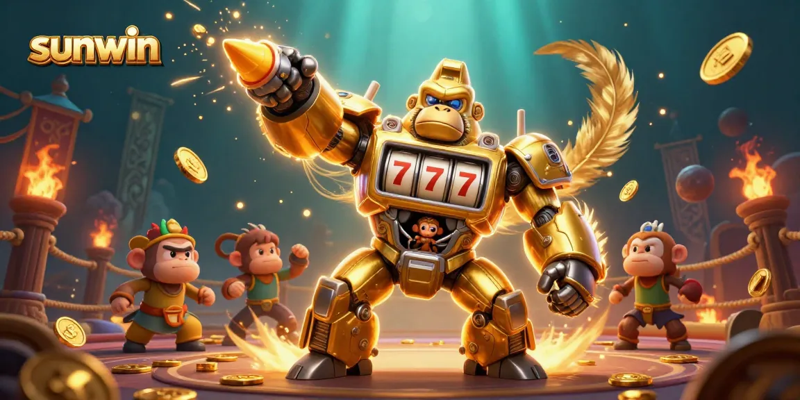 Experience winning excitement at sunwin with a 3D golden gorilla mech and vibrant casino elements.