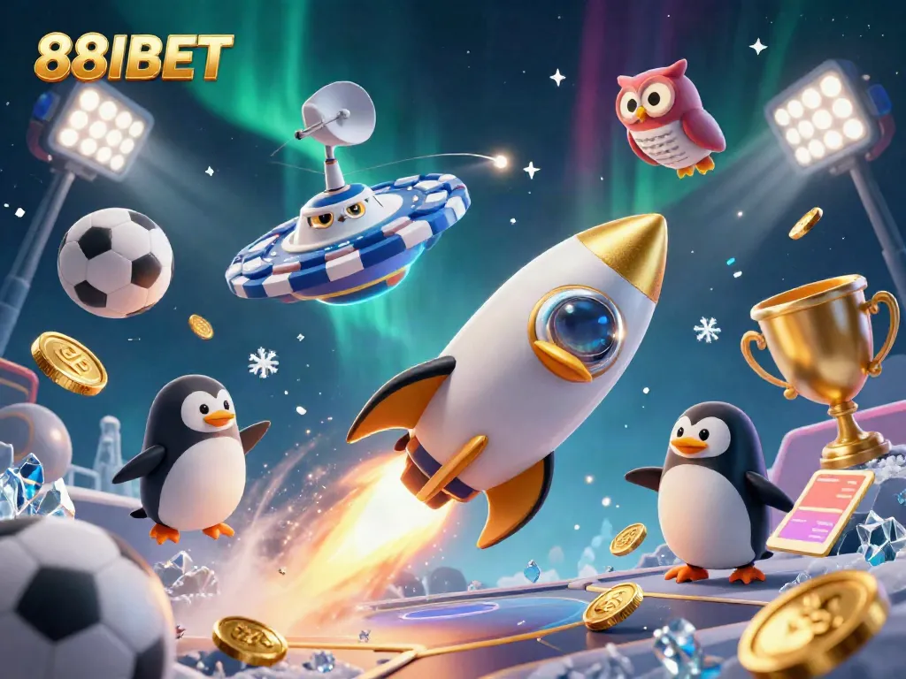 88IBET features a golden penguin soaring through a vibrant casino-themed space, surrounded by sports and gaming elements.