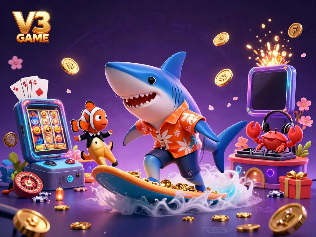 Experience the excitement of V3 GAME with a lively scene of gaming characters and elements.