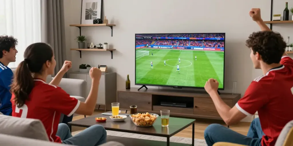 Group of friends enjoying live xôi lạc tv football match in HD quality, vibrant atmosphere with snacks