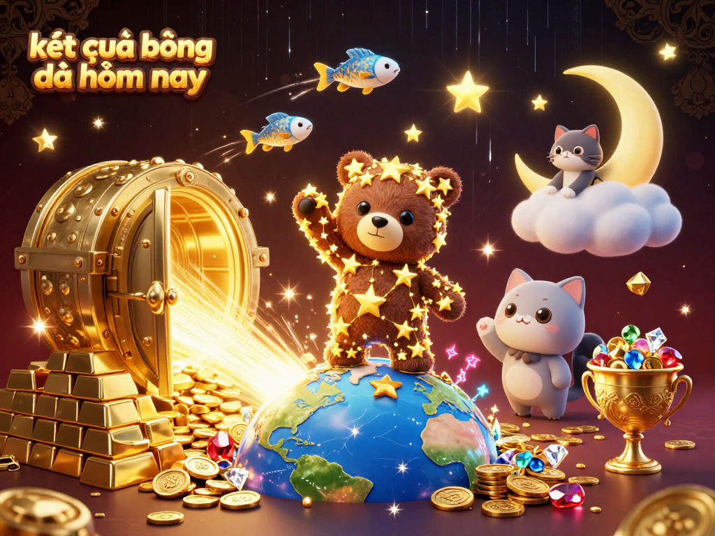 Két quả bóng đá hôm nay showcases a vivid 3D scene with constellation characters gathering coins amidst a casino atmosphere.