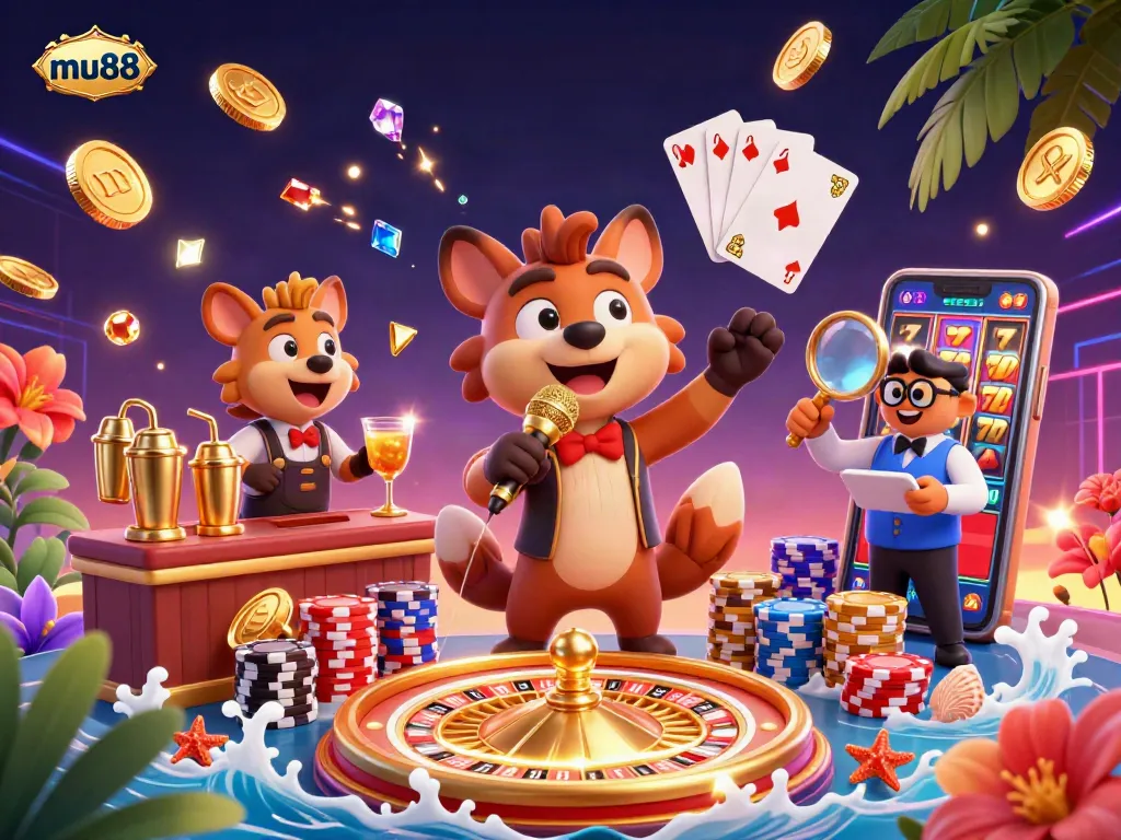 Experience the excitement at mu88 casino with lively hyenas entertaining, mixing drinks, and checking IDs.