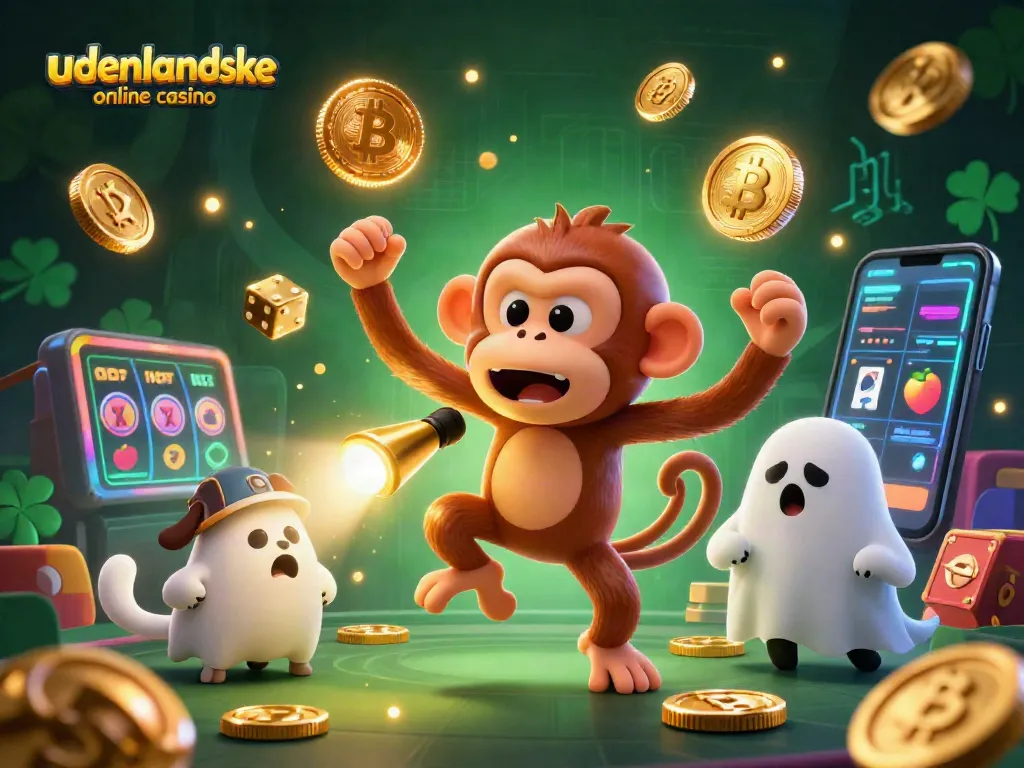 Engaging scene of udenlandske online casino featuring a poltergeist monkey juggling golden coins, with a ghost-hunter puppy illuminating the casino atmosphere.