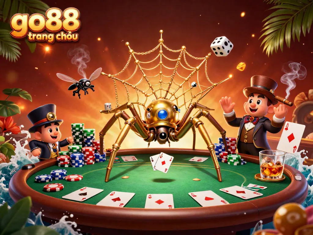 Experience the excitement of go88 trang chủ with a captivating casino-themed illustration of a steampunk spider catching dice in a web.