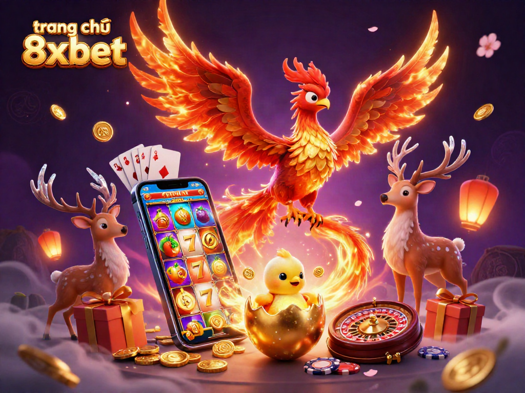 Witness the soaring fire phoenix and hatching baby phoenix on trang chủ 8xbet amidst vibrant casino elements.
