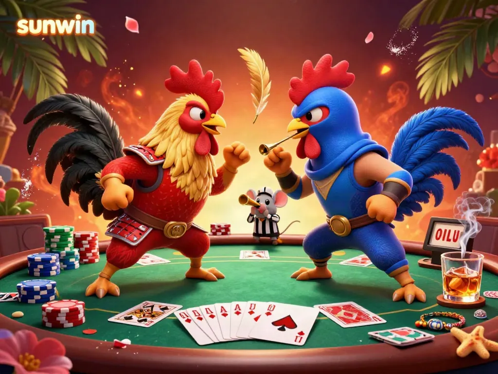 Experience the sunwin excitement with a dramatic showdown between cartoon roosters set in a vivid poker scene.