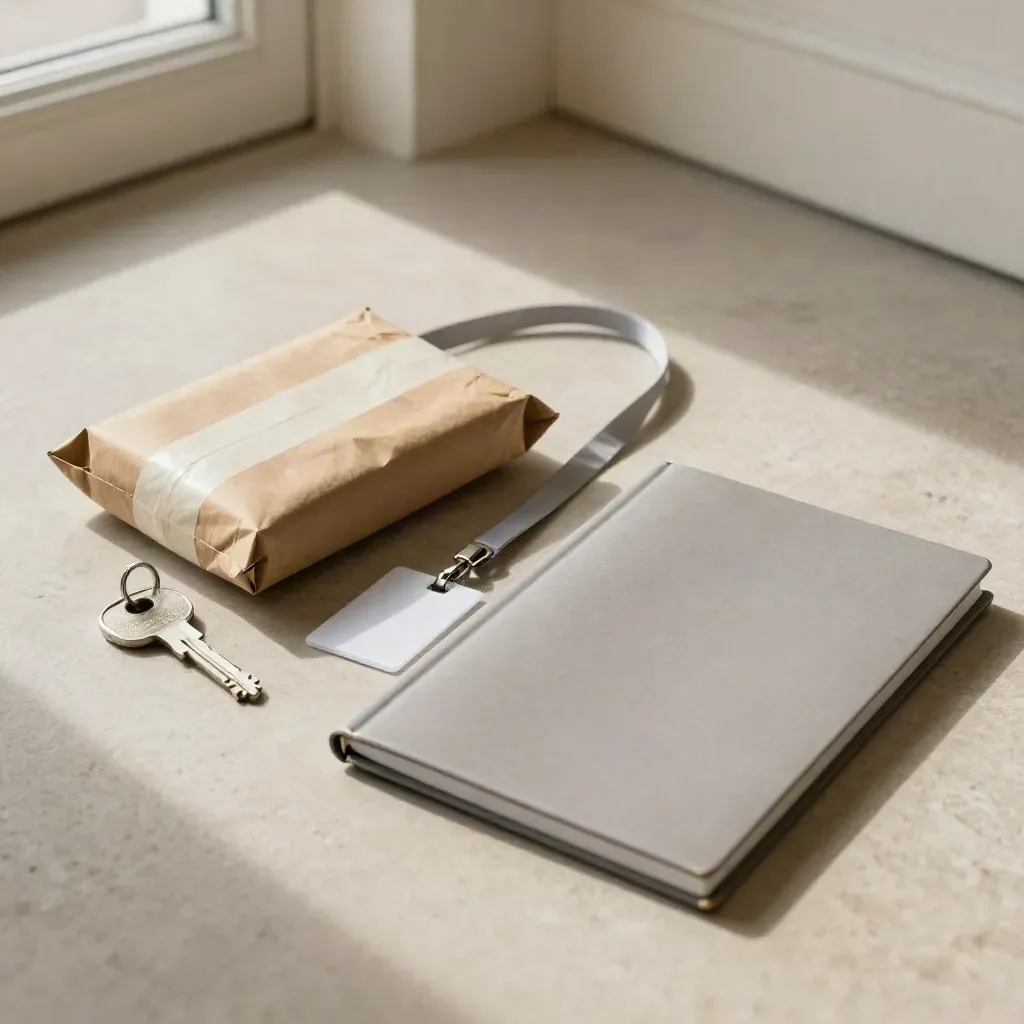 Hallstillleben med nyckel, paket, lanyard och stängd guidepärm i soligt ljus.