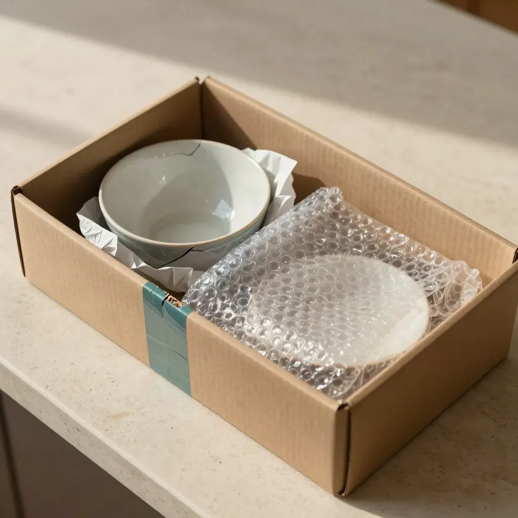 Öppnad paketlåda med sprucken porslinsskål, emballage och returlåda på travertin.