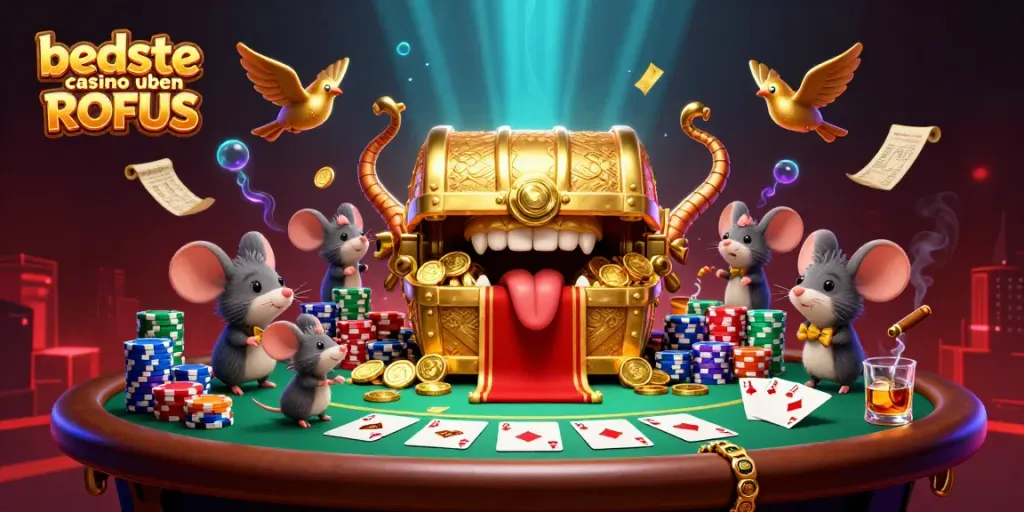 Play exciting games at bedste casino uden ROFUS, featuring lively cartoon characters and vibrant casino elements.