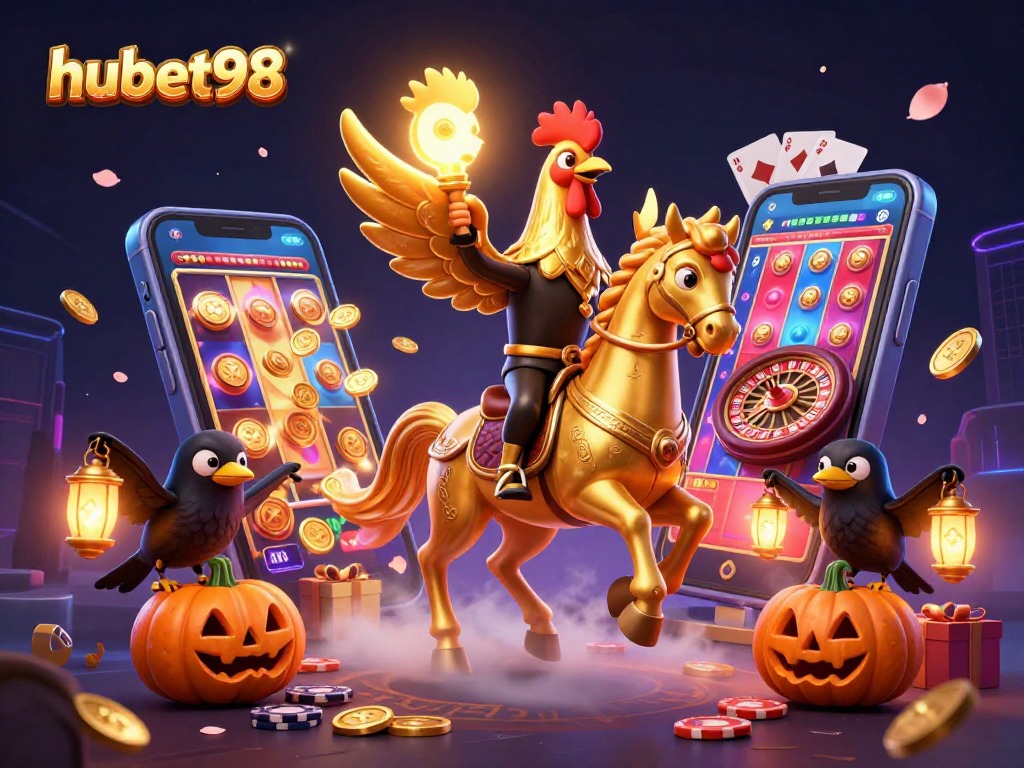 Experience hubet98 excitement in this vibrant casino scene with golden rooster racing through action-packed games.