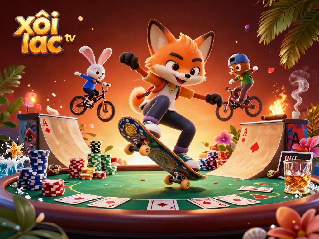 xôi lạc tv captures a vibrant scene of a skateboarder fox and BMX rabbit in a casino-themed illustration