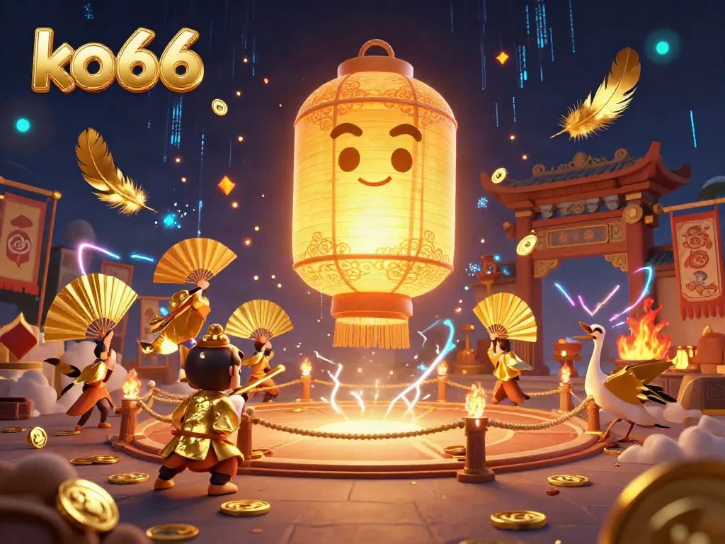 Experience the excitement of ko66 at a vibrant night market casino with golden lanterns and dynamic game elements.