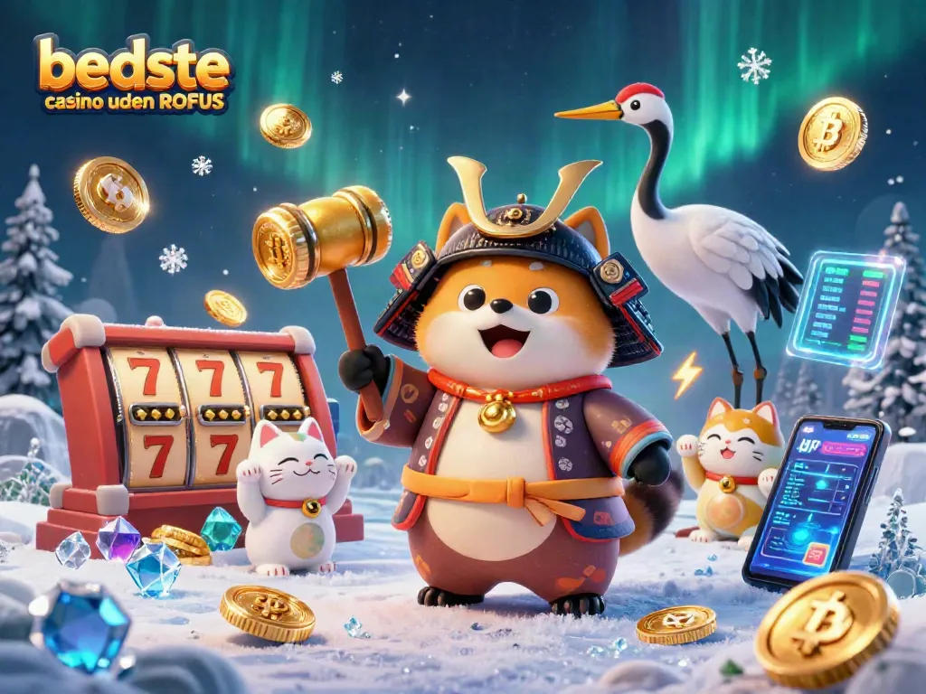 Engage with the best casino uden ROFUS with a cheerful tanuki and lucky symbols in a vibrant 3D illustration.