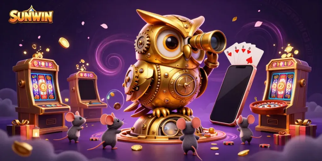 Experience thrilling gaming action at SUNWIN with a vibrant 3D scene showcasing a golden owl and casino elements.