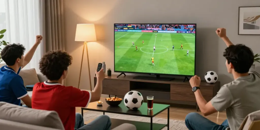 Cà khịa tv live football viewing party with friends cheering.