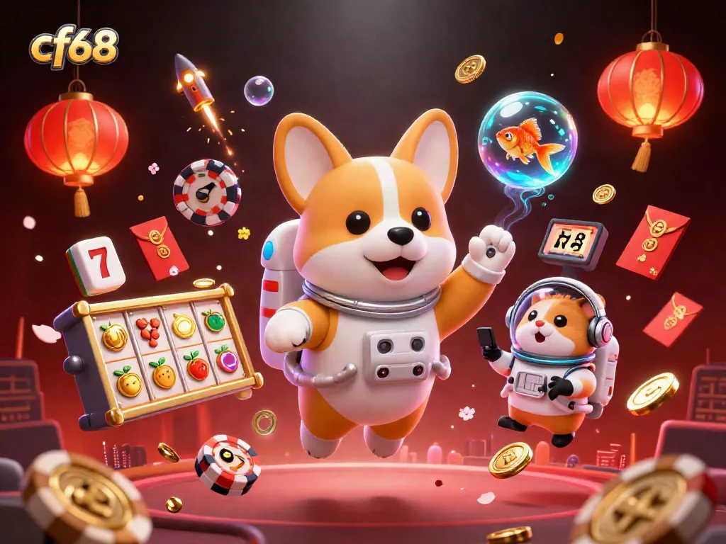cf68 engages players in a vibrant space casino with floating slots and dazzling characters.