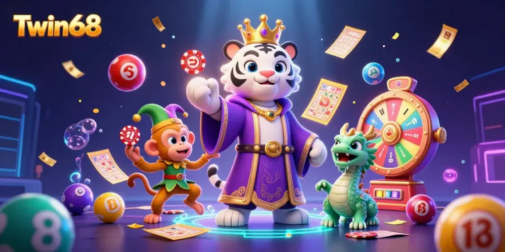Win Big at Twin68 with vibrant 3D casino games showcasing a royal tiger, jester monkey, and dynamic lottery elements.