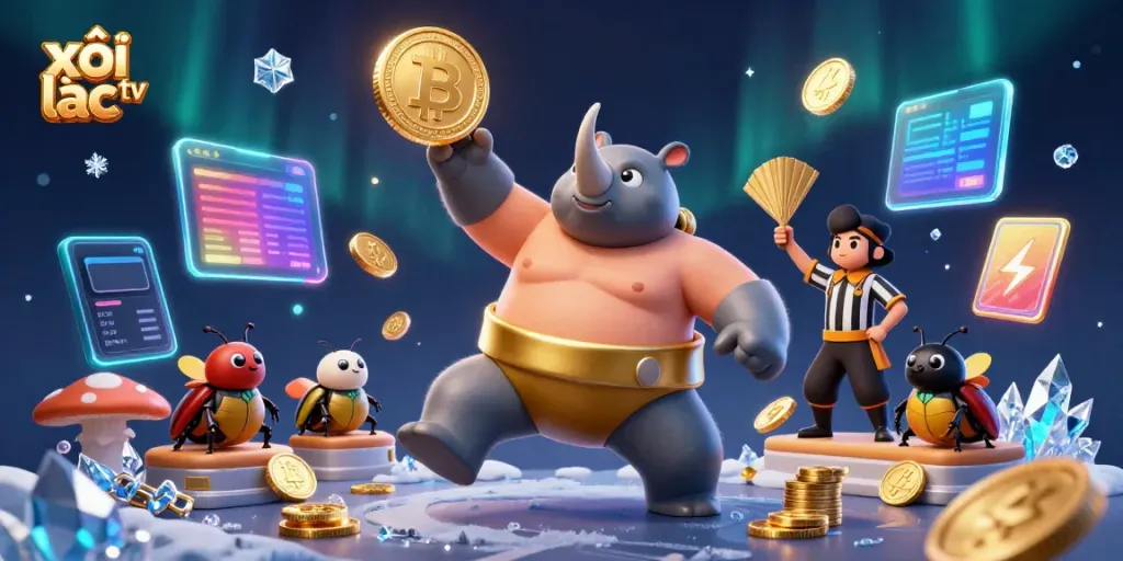 xôi lạc tv showcases a vivid 3D beetle sumo champion amidst flying gold coins, highlighting the lively gambling scene.