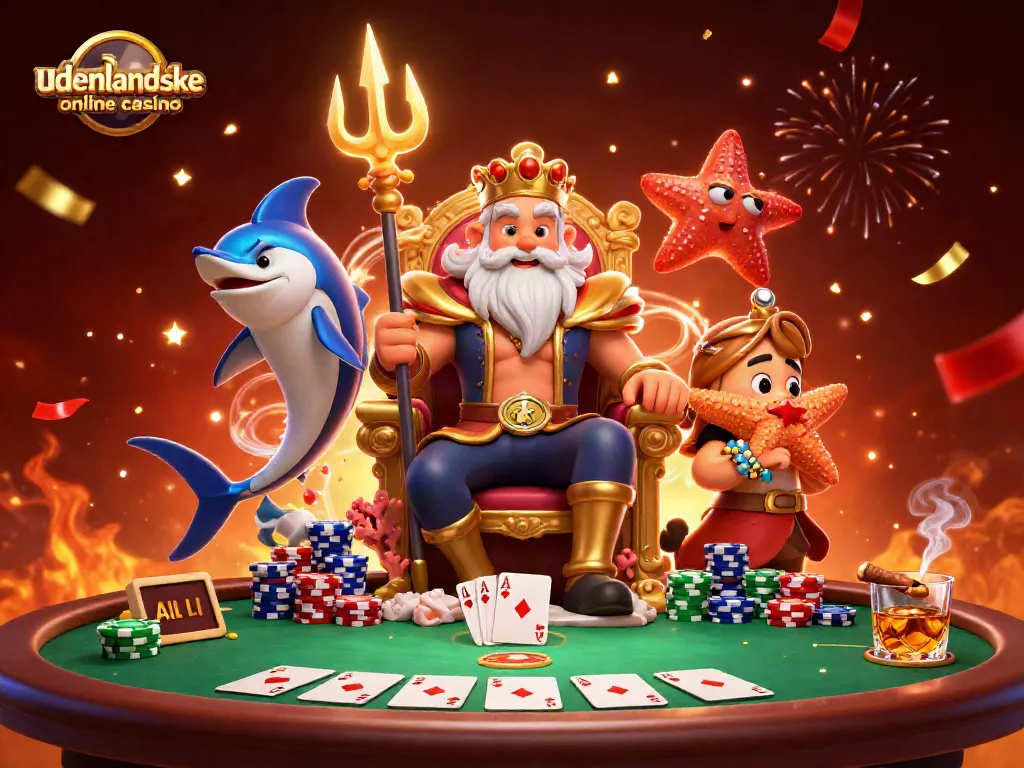 Experience gaming thrills at udenlandske online casino, featuring Neptune, poker chips, and vibrant action.