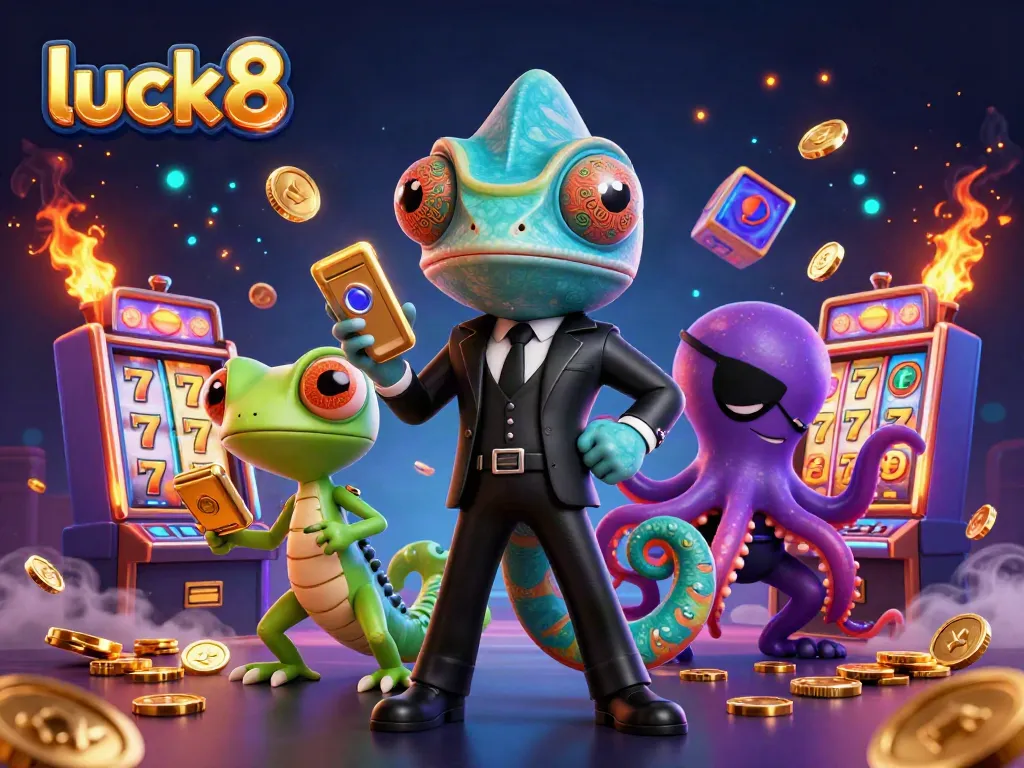 Experience luck8 as a captivating casino illustration featuring a colorful slot machine scene.