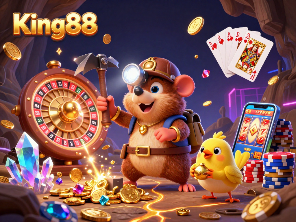 Engage with King88's vibrant casino experience featuring immersive 3D illustration of treasure hunter mole and thrilling gaming elements.