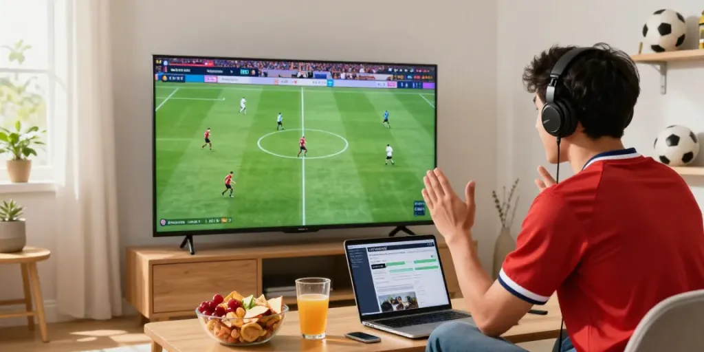 Excited viewer watching gà vàng tv football match with snacks.