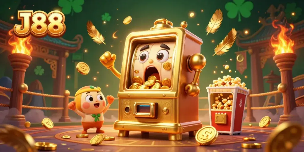 Experience the excitement of J88 casino with a dynamic illustration featuring a joyful golden slot machine celebrating a jackpot.
