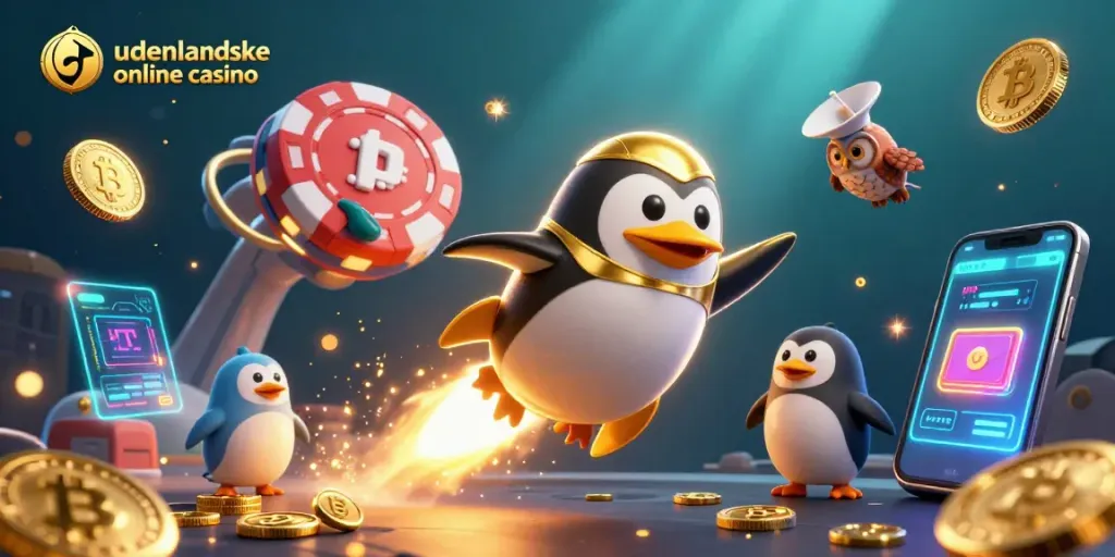 Play at udenlandske online casino featuring a rocket-powered penguin and dynamic gaming elements.