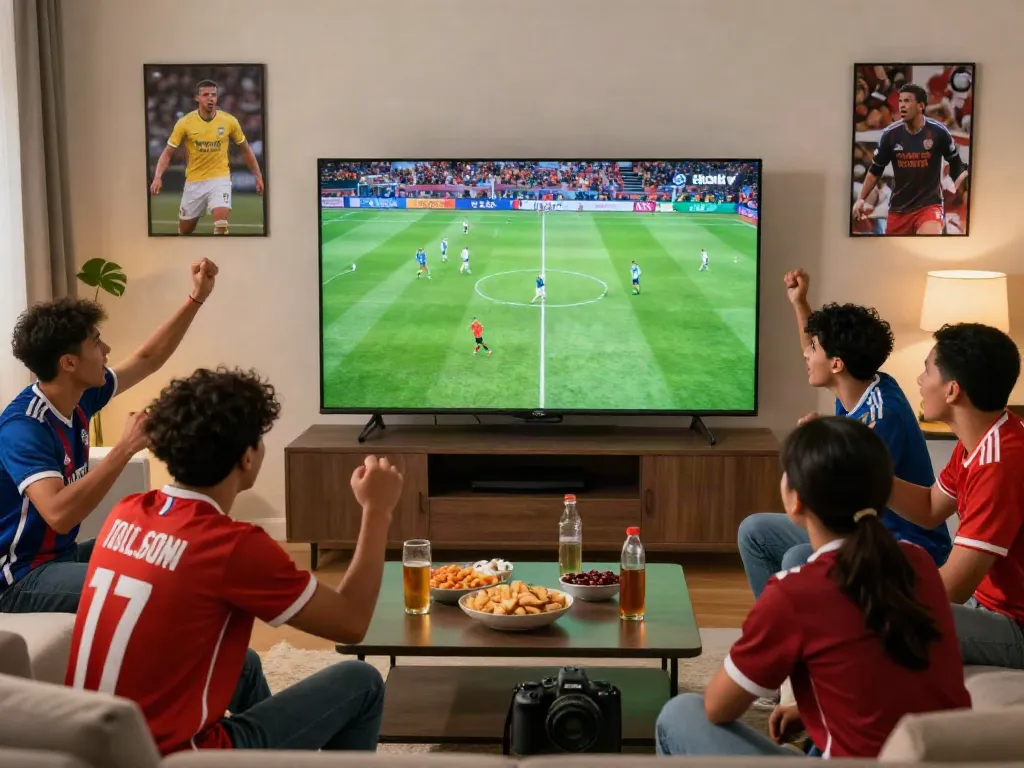 Excited fans watching football on xôi lạc tv with snacks and jerseys in modern living room.
