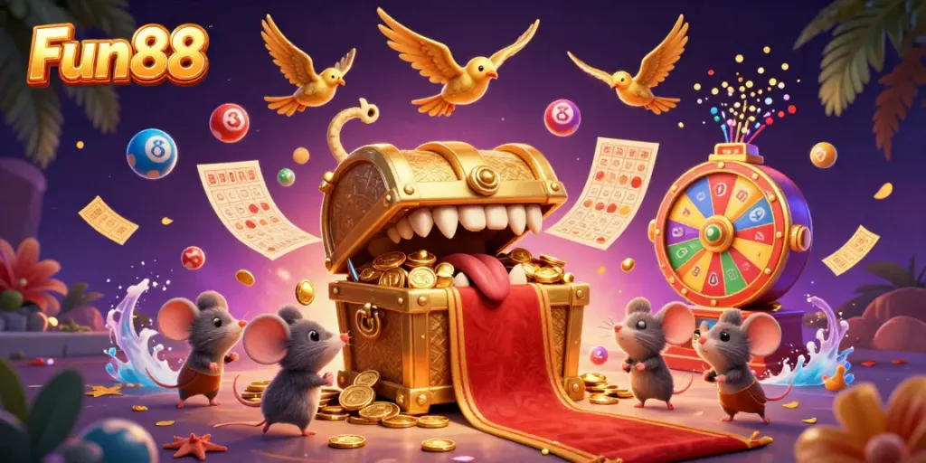 Fun88 showcases online casino excitement with gold treasures and colorful lottery balls in an interactive scene.