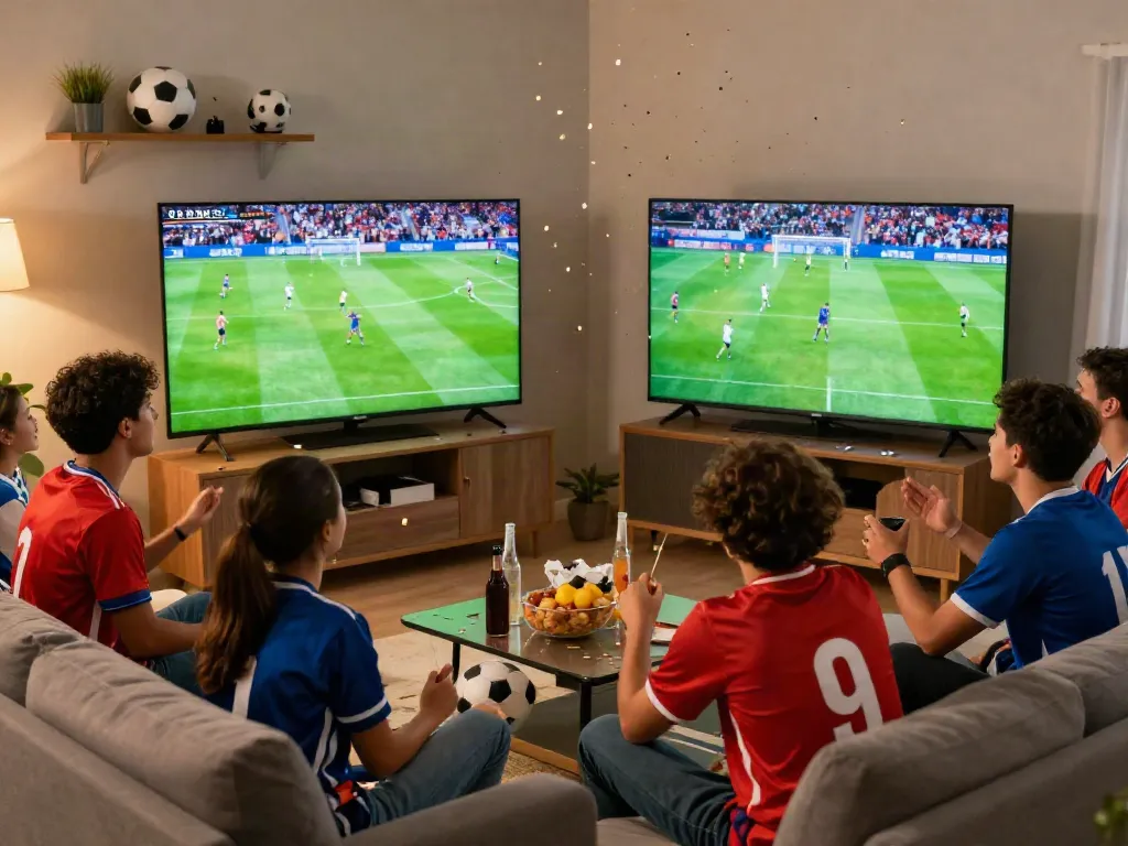 Excited friends watching a soccer match on cà khại tv in a cozy living room.